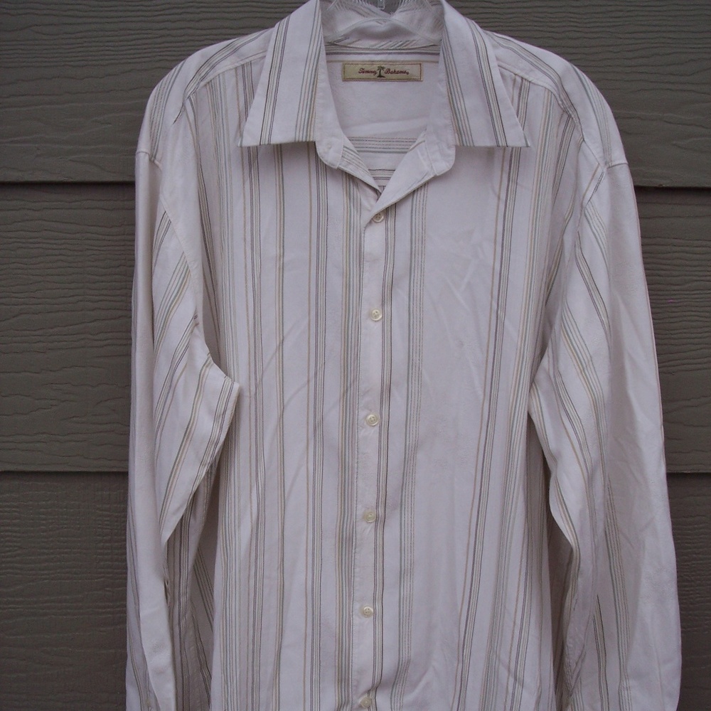 Tommy Bahama Button Front Shirt Sz L Ivory Striped